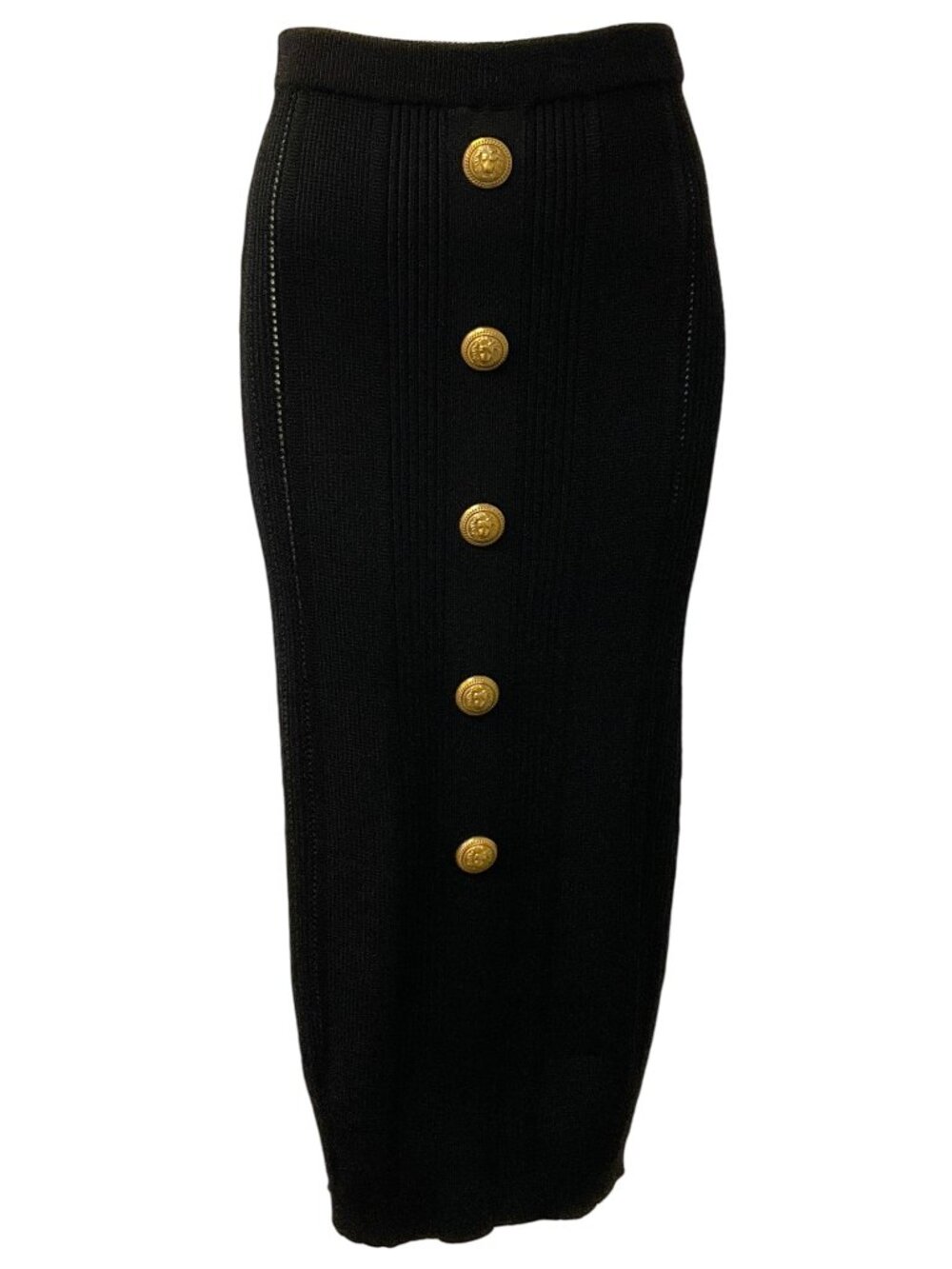 Balmain Black Cable Knit Midi Skirt with Gold Buttons